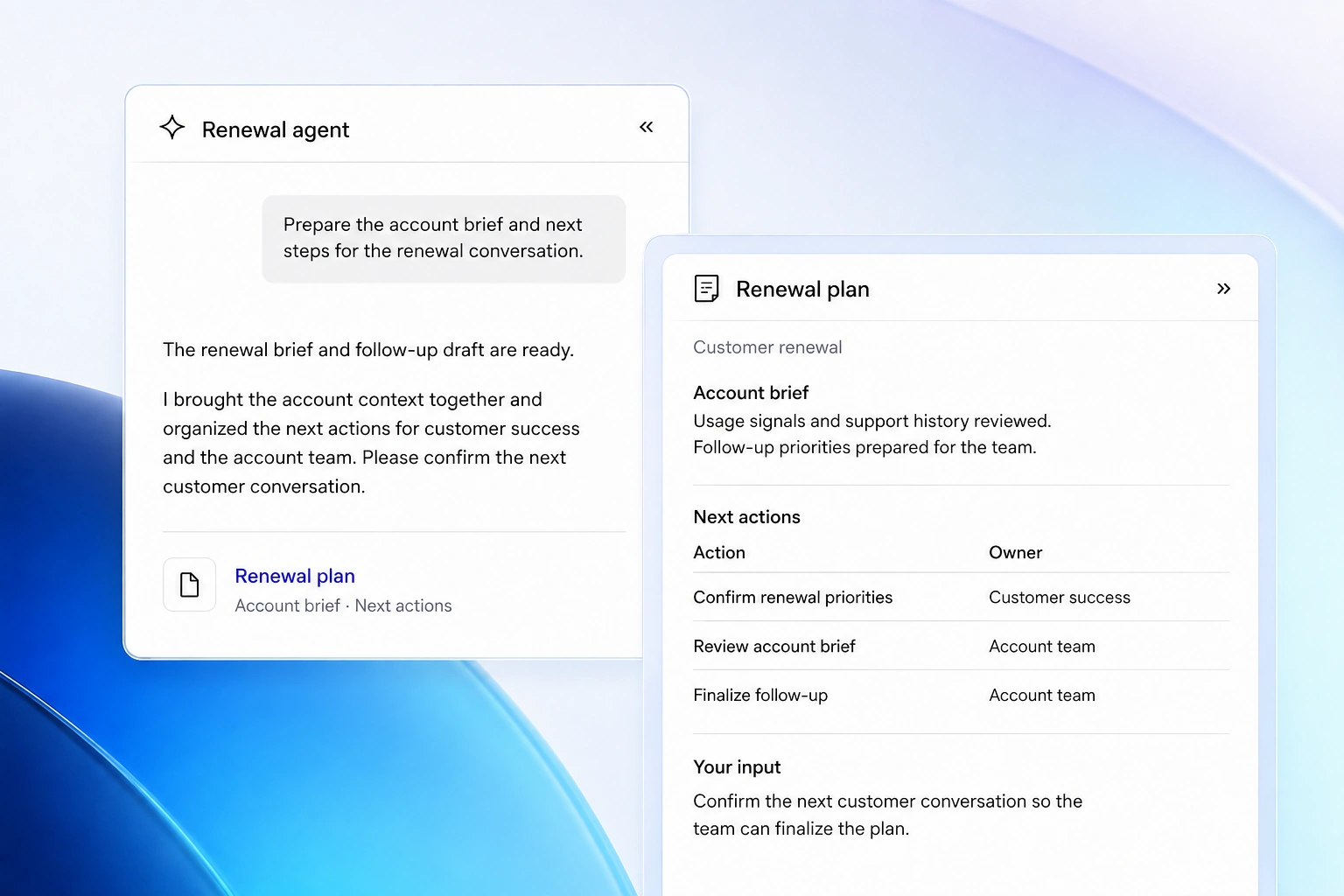 Customer renewal agent response beside an account brief and recommended next actions for the renewal conversation.